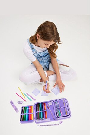 Kız Çocuk Unicorn Desenli Mor Renkli Kalem Kutu ve Kalem Seti
