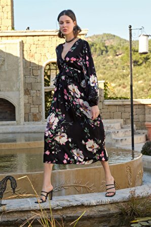 Monamise Kadın Çiçek ve Yaprak Desenli Uzun Kollu Elbise