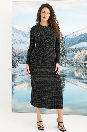 Monamise Kadın Desenli Uzun Kollu Elbise 23153 