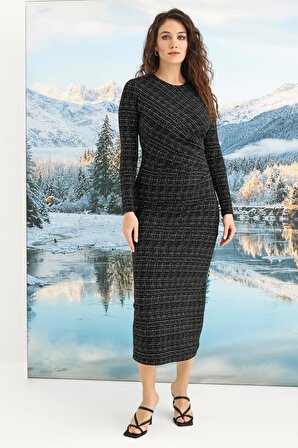 Monamise Kadın Desenli Uzun Kollu Elbise 23153 
