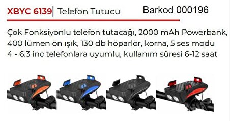 Powerbank Telefon Tutucu Kornalı Bisiklet Feneri 2000 Mah 4 In 1