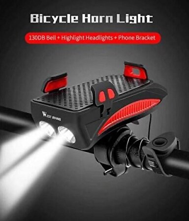 XBYC 6139 Bisiklet 400 Lümen Ön Far + Korna + Telefon Tutucu Powerbank Kırmızı