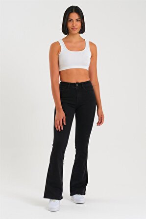 Kadın Siyah Likralı Yüksek Bel Flare Jeans Siyah