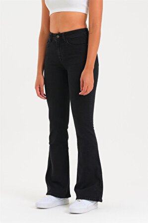 Kadın Siyah Likralı Yüksek Bel Flare Jeans Siyah