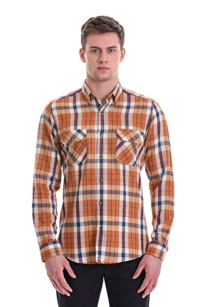 Turuncu Slim Fit Kareli 100% Pamuklu Düğmeli Yaka Uzun Kollu Casual Gömlek | S