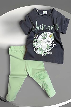 Unicorn Desenli Yeşil Renk Taytlı Takım
