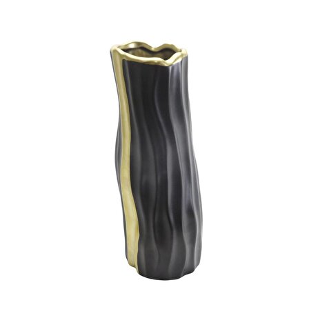 T.Concept Dekoratif Altın Desenli Siyah Uzun Mat Cam Vazo