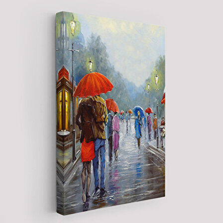 Yağmurda Yürüyen Romantik Çift Yağlıboya Görünüm Dekoratif Kanvas Duvar Tablosu-5943