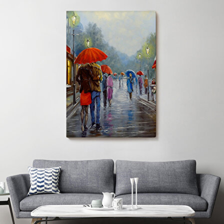Yağmurda Yürüyen Romantik Çift Yağlıboya Görünüm Dekoratif Kanvas Duvar Tablosu-5943