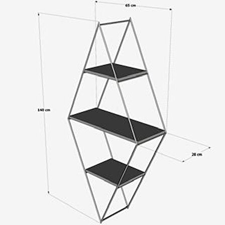 Modern Tarz Ahşap Metal Karo 3 Raflı Kitaplık Dekoratif 65x28x140