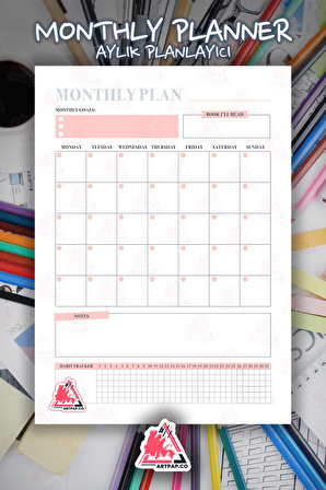 Monthly Planner Note | Aylık Hatırlatıcı Planlayıcı, Haftalık Ajanda, Aylık Defter | A5 50Syf 15*21cm