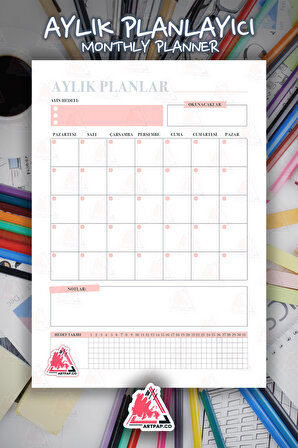 Aylık Hatırlatıcı Planlayıcı | Monthly Planner Note , Günlük, Haftalık Ajanda, Aylık Defter | A5 50Syf 15*21cm