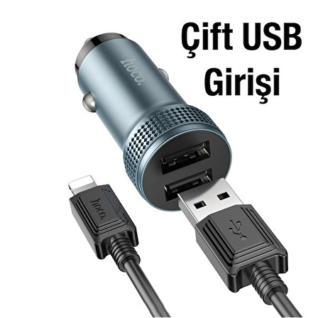 Polham 12/24V Çift USB Girişli 1 MT iPhone Lightning Kablolu Araç Şarjı, Ultra Hızlı ve Akım Korumalı