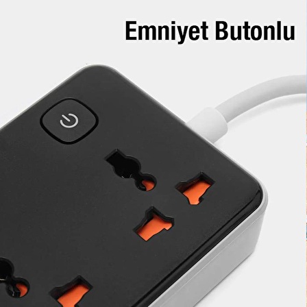 Polham HC Seri 1.5 Metre 2500W 3x Priz, 3x USB, 1x Type C Çok Fonksiyonlu Şarj Aleti ve Priz Çoğaltıcı, Emniyet Butonlu, Akım ve Isı Korumalı