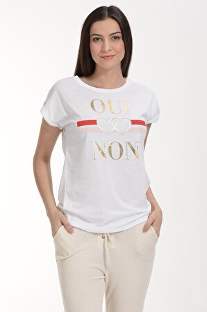 Cotton Candy Cotton Candy Oui-Non Baskılı Kısa Kol Kadın T-Shirt - Beyaz
