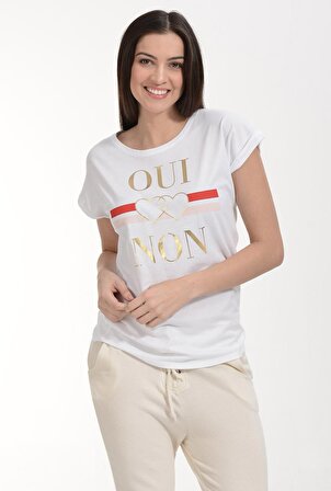 Cotton Candy Cotton Candy Oui-Non Baskılı Kısa Kol Kadın T-Shirt - Beyaz