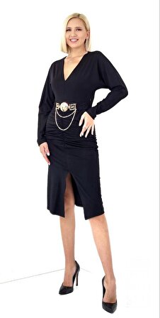 Favori Tekstil Uzun Kollu Büzgü Ve Kemer Toka Detaylı Önden Yırtmaçlı Midi Boy Şık Abiye Elbise
