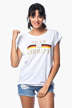 Cotton Candy Cotton Candy Alman Bayrağı Baskılı Kısa Kollu Kadın T-Shirt - Beyaz