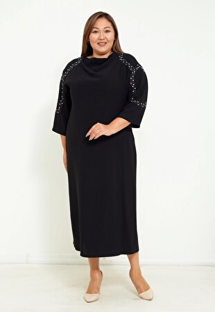 Modatalika Kadın Truvakar Kol Taş Aksesuar Detaylı Maxi Tasarım Elbise