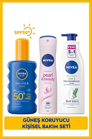 SUN Güneş Koruyucu Vücut Spreyi SPF50 200ml, Aloe Vera Vücut Losyonu 400ml, Sprey Deodorant 150ml