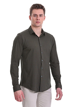 Yeşil Slim Fit Baskılı 100% Pamuklu Slim Yaka Uzun Kollu Baskılı Casual Gömlek | S