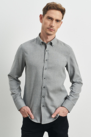 Erkek Açık Gri Slim Fit Dar Kesim Düğmeli Yaka Flanel Oduncu Gömlek