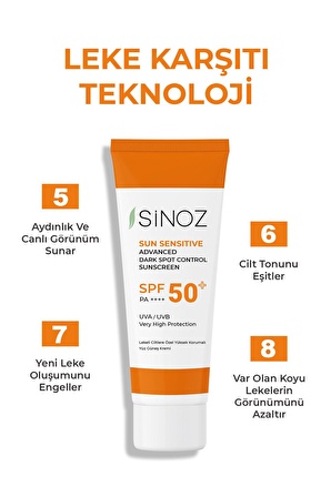 Sinoz Spf 50 Leke Karşıtı Aydınlatıcı Etkili Yüksek Koruyucu Niacinamide İçeren Yüz Güneş Kremi 50 ml