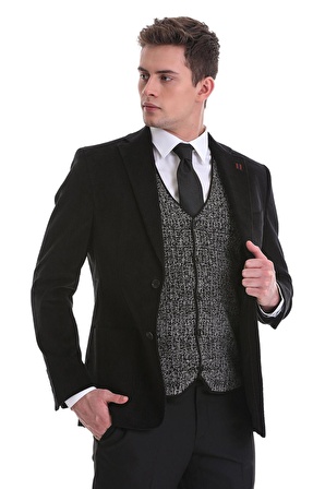 Siyah Slim Fit Düz Mono Yaka Pamuklu Kadife Ceket | 52