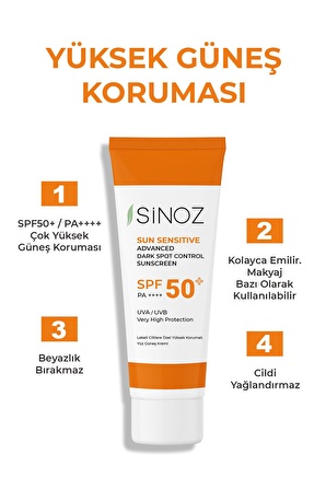 Sinoz Spf 50 Leke Karşıtı Aydınlatıcı Etkili Yüksek Koruyucu Niacinamide İçeren Yüz Güneş Kremi 50 ml