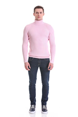 Pembe Slim Fit Fitilli Balıkçı Yaka Yünlü Triko Kazak | XXL