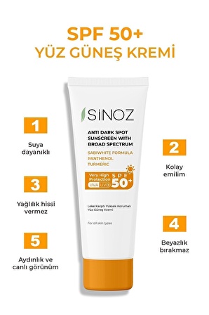 Sinoz Spf 50 Leke Karşıtı Yüksek Koruyucu Yüz Güneş Kremi 50 ml Normal Ve Kuru Ciltler Için