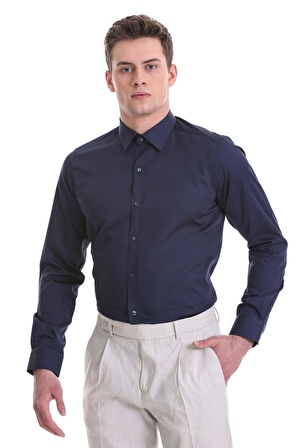Lacivert Slim Fit Düz 100% Pamuklu Slim Yaka Uzun Kollu Casual Saten Gömlek | XXL