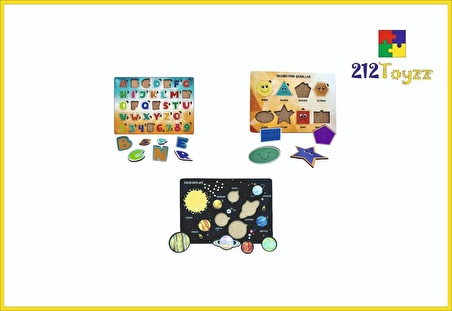 3Lü Set Eğitici Öğretici Ahşap Çocuk Puzzle ve Sök Tak Oyuncak