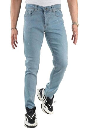 Erkek Dar Paça Desturalı New Toz Mavi Kot Pantolon
