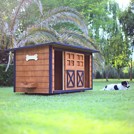 MANDU Ahşap İkiz Köpek Kulübesi (2 yuva tek kulübe) + İsimlik ve mama kabı