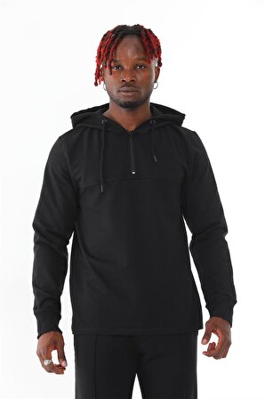Erkek Regular Fit Yarım Fermuarlı Kapüşonlu Sweatshirt-Siyah