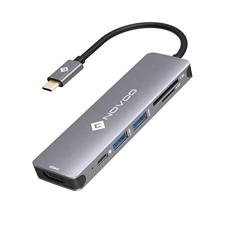 Novoo Type-C to 2*USB-A 3.0 PD 100W 4K HDMI TF SD Kart Okuyucu Dönüştürücü HUB