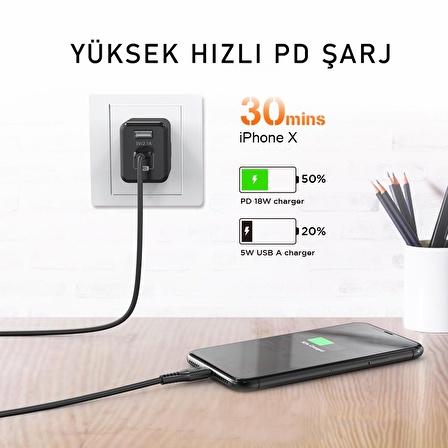 Novoo Type-C iPhone Lightning Hızlı Şarj Kablosu Siyah 1.8 Metre