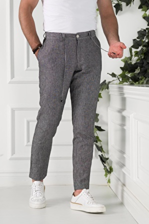 BELİ İPLİKLİ ÇİZGİLİ REGULAR FİT KETEN ERKEK JOGGER PANTOLON