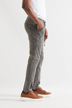 Slimfit Çizgili Beli Lastikli İplikli Yazlık İnce Linen Kumaş Duble Paça Erkek Keten Pantolon