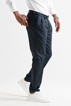 Slimfit Çift Pileli Duble Paça Kemer Detaylı Yazlık Erkek Kumaş Pantolon