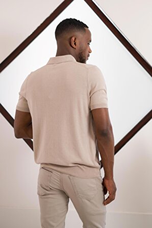 San&Fa Polo Yaka Düğme Detaylı Kendinden Desenli Kısa Kol Erkek Yazlık Triko T-shirt