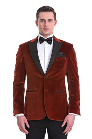 Kiremit Slim Fit Düz Sivri Yaka Kadife Klasik Smokin Damatlık | 50