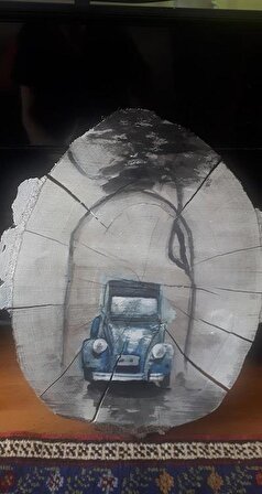 Ahşap üzerine araba temalı el yapımı duvar tablo