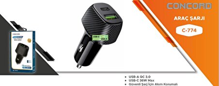 Concord C-774 36W PD - QC 3.0 USB Hızlı Fast Araç Çakmaklık Şarjı Metal