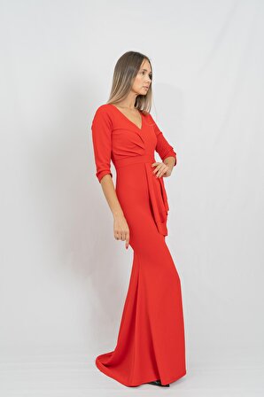 Kadın Kırmızı Truvakar Kol V Yaka Yırtmaçlı Uzun Abiye Elbise