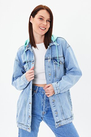 Kadın Mavi Kapşonlu Oversize Kot Ceket