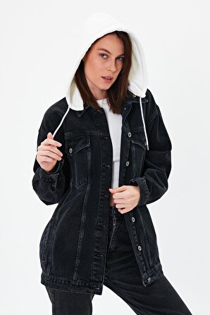Kadın Siyah Kapşonlu Oversize Kot Ceket