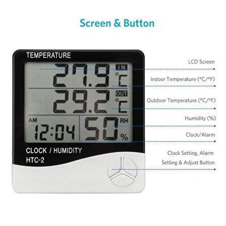 Kuluçka Makinesi Problu Dijital Termometre Saat Isı Sıcaklık Nem Ölçer - HTC-2