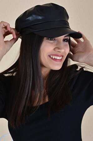 Kadın Siyah Deri Kasket Şapka